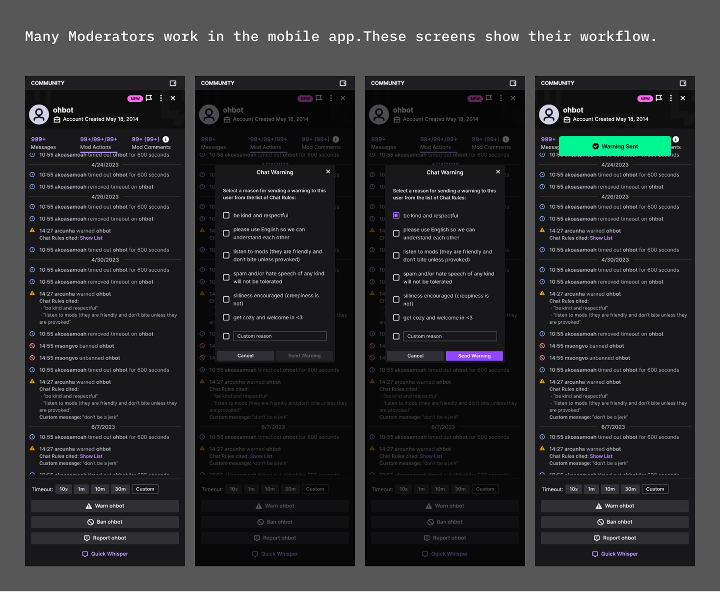 Mobile moderation workflow showing how moderators issue a chat warning across multiple screens.